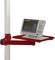 Un appareil électronique gris avec un écran est installé sur un bras métallique rouge pivotant, fixé à un mât perforé.