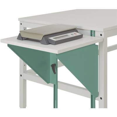 Une table blanche équipée d'une balance numérique intégrée sur une tablette latérale et dotée d'un pied de support en fer vert rabattable.