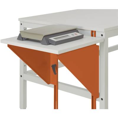 Une table avec une surface extensible fixée en rouge. Dessus se trouve une balance rectangulaire à affichage numérique.