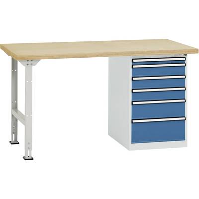 Une table d'établi avec un plateau en bois et une bande de tiroirs bleue sur le côté droit, adaptée aux travaux d'atelier.