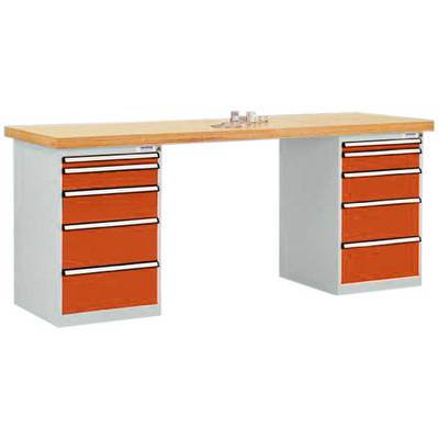 Un établi avec un plateau en bois et deux armoires latérales, chacune équipée de quatre tiroirs orange.