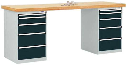 Grande table de travail avec plateau en bois et deux socles métalliques, chacun équipé de quatre tiroirs noirs, adaptée à une utilisation en atelier.