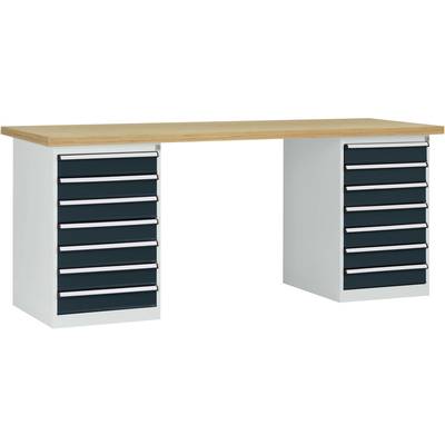 Une table avec un plateau en bois et deux armoires latérales en métal, comportant chacune cinq tiroirs.