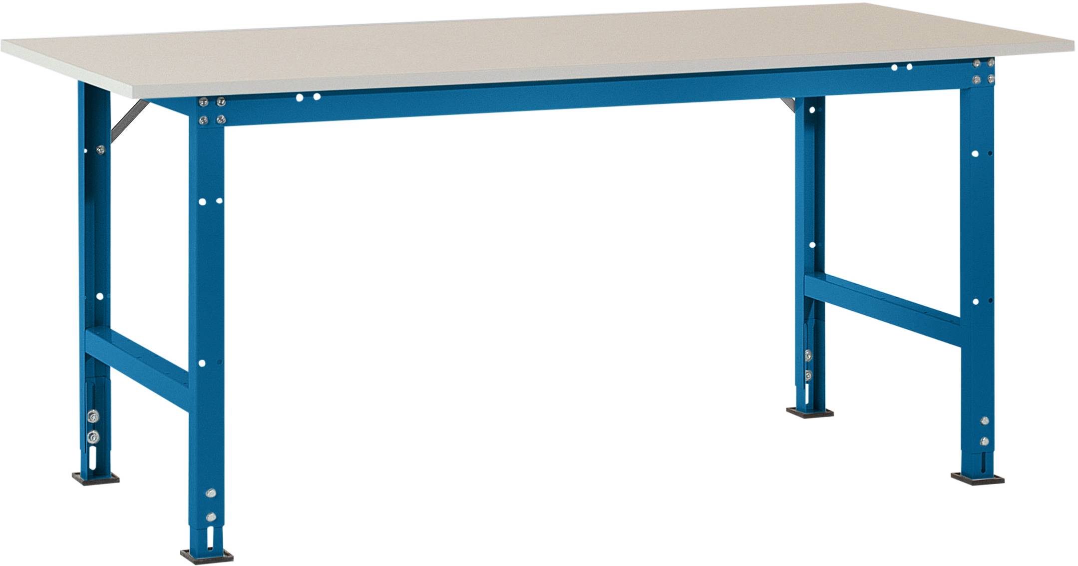 Manuflex AS0011.5007 Table d'emballage PACKPOOL Standard avec plaque en mélamine, L x P x H = 1500 x 800 x 760 à 870 mm bleu brillant (RAL 5007)