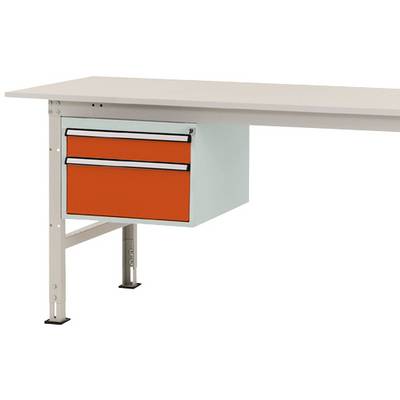 Une table blanche avec un élément à tiroir orange en dessous.