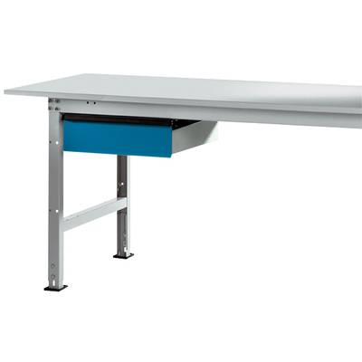 Une table grise avec des pieds en métal robustes et un tiroir bleu intégré sous le plateau, adaptée à une utilisation de bureau ou d'atelier.