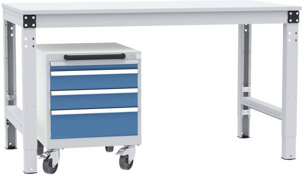 Manuflex SP1193.5007  Armoire de tiroir BASETEC mobile, hauteur utile 400 mm avec 4 tiroirs, bleu brillant RAL 5007