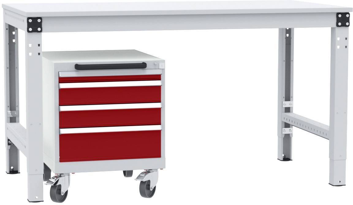 Établi avec surface blanche et un conteneur mobile rouge à roulettes équipé de trois tiroirs situé en dessous.