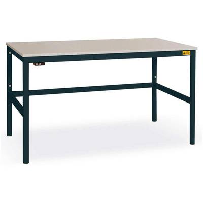 Une table rectangulaire à surface grise et cadre métallique noir. Adaptée aux environnements d'atelier ou de laboratoire.