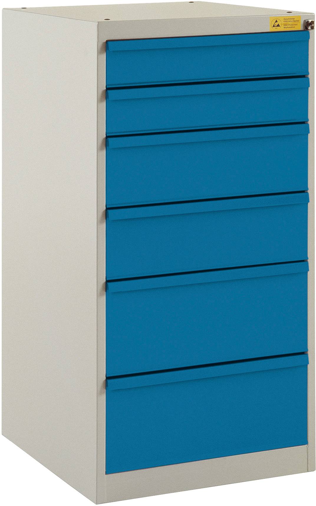 Armoire métallique avec six tiroirs bleus, destinée au rangement d'outils ou de matériaux, disposée verticalement.
