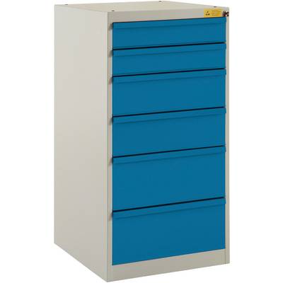 Armoire métallique avec six tiroirs bleus, destinée au rangement d'outils ou de matériaux, disposée verticalement.