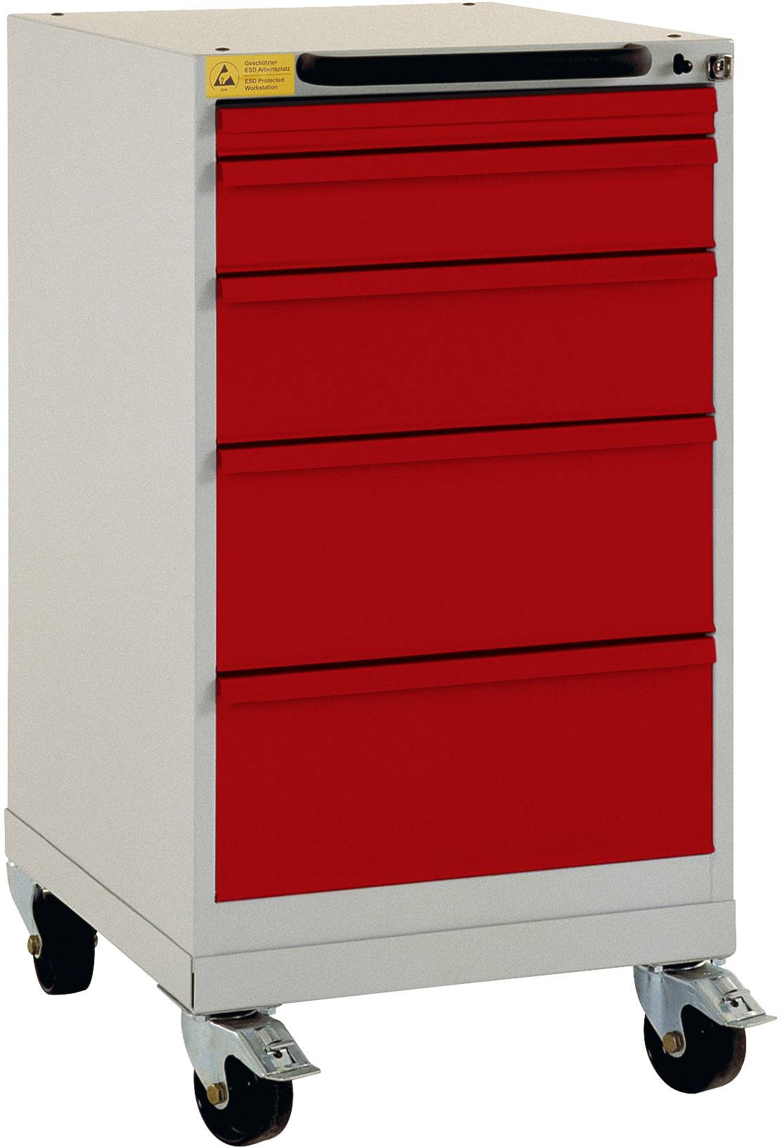 Un chariot à outils mobile avec quatre tiroirs rouges et une poignée noire. Idéal pour l'organisation des outils dans un atelier.