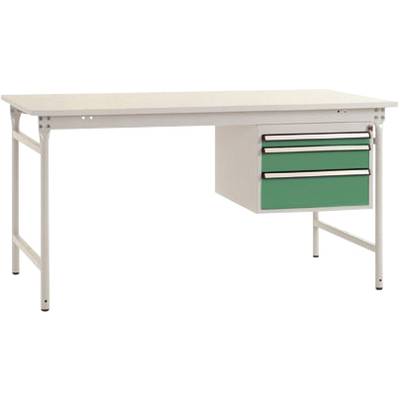 Un bureau simple avec des pieds en métal blanc et un plateau en bois. Trois tiroirs verts sont situés sur la droite.