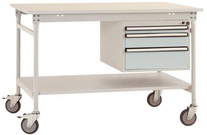 Une table mobile blanche à quatre roues, avec une surface de rangement inférieure et deux tiroirs latéraux.