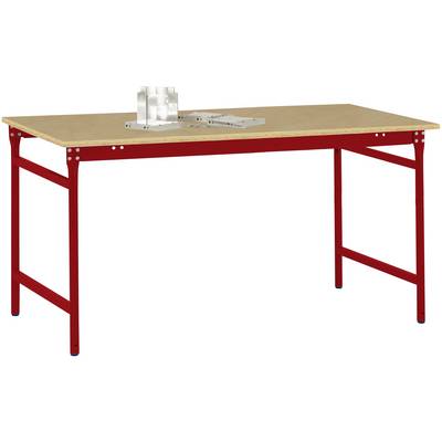 Une table rectangulaire avec une structure métallique rouge et un plateau en bois. Deux objets géométriques sont posés sur la table.
