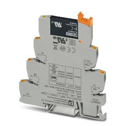 Un module de relais électrique gris et élancé de Phoenix Contact, avec plusieurs étiquettes et connexions, adapté aux tableaux de commande.