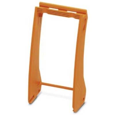 Support en plastique orange, vertical, avec deux renforts latéraux et plusieurs ouvertures sur la partie supérieure.