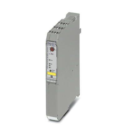 Composant électronique industriel en gris, boîtier rectangulaire élancé, avec voyant LED ; utilisé pour le contrôle ou la signalisation.