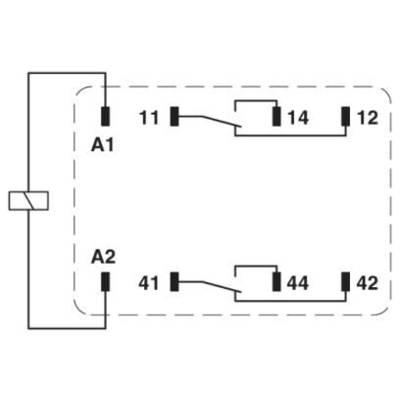 Schéma de câblage d'un relais : A1 et A2 sont les bornes de bobine ; 11-14, 12 et 41-44, 42 sont les contacts de commutation ; montre les connexions de commutation.