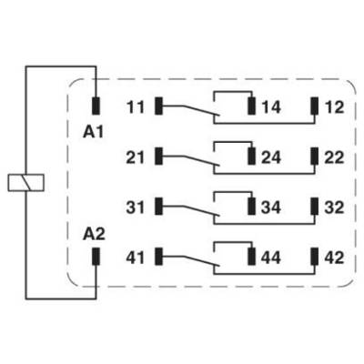 Schéma de raccordement d'un relais : Connexions entre les points d'entrée et de sortie A1, A2 avec les contacts 11-14, 21-24, 31-34, 41-44.