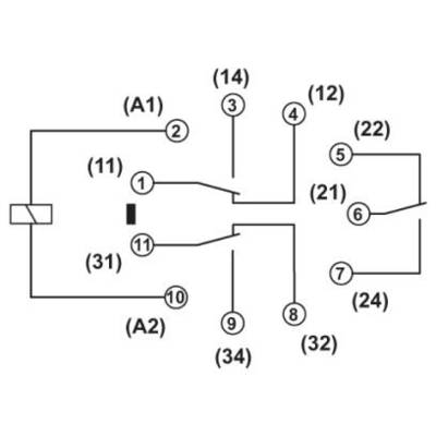 Schéma de câblage d'un relais avec 14 points de connexion, numérotés de 1 à 34. Les composants principaux et les connexions sont représentés par des lignes.
