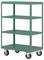 Un chariot métallique vert à quatre étagères avec roues, adapté au stockage ou au transport dans les environnements industriels ou commerciaux.
