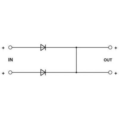 Schéma de circuit d'un redresseur à deux diodes, entrée à gauche ('IN'), sortie à droite ('OUT'), bornes positive et négative marquées.