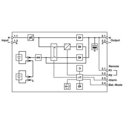 Diagramme d'un circuit électrique avec des entrées, des sorties, des transformateurs et un microcontrôleur pour le contrôle de l'alarme et du mode batterie.
