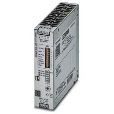 Un bloc d'alimentation industriel avec boîtier présentant des connexions et des bornes à vis sur la face avant ; adapté pour le montage en armoire électrique.