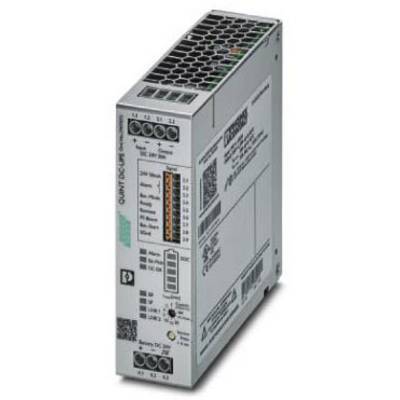 Unité d'alimentation électrique industrielle avec grille de ventilation et de nombreuses bornes de connexion sur l'avant. Contient des spécifications techniques.