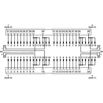 Schéma de câblage d'un registre 16 bits, montrant les connexions entre différents bits et paires d'octets, avec des étiquettes pour l'orientation.