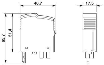 Dessin technique d'un composant électrique avec dimensions : hauteur 65,7 mm, largeur 46,7 mm, profondeur 17,5 mm. Vues de face et de côté.