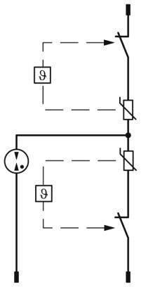Schéma de circuit électrique avec deux interrupteurs parallèles et deux fusibles. En haut : interrupteur ouvert, en bas : interrupteur fermé, source de courant à gauche.