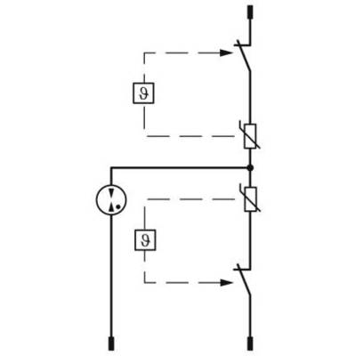 Schéma de circuit électrique avec deux interrupteurs parallèles et deux fusibles. En haut : interrupteur ouvert, en bas : interrupteur fermé, source de courant à gauche.
