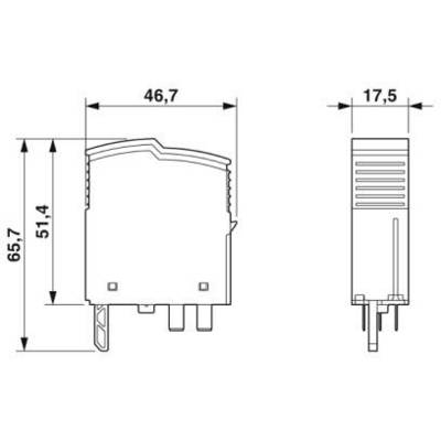 Dessin technique d'un module électronique avec dimensions : hauteur 65,7 mm, largeur 46,7 mm, profondeur 17,5 mm.
