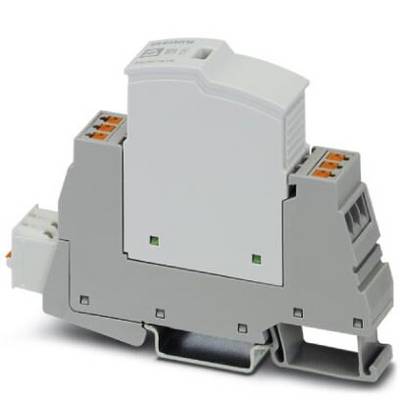 Un module de relais électrique pour montage sur rail DIN, boîtier gris et blanc, avec des bornes de connexion orange visibles.