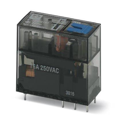 Un relais noir à plusieurs bornes, étiqueté '16A 250VAC', utilisé pour le contrôle électrique dans les circuits.