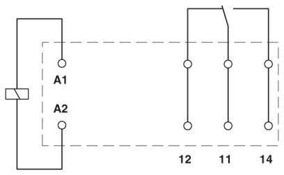Schéma de connexion d'un relais avec A1 et A2 comme bornes de bobine et les contacts de commutation 12, 11 et 14 qui contrôlent le circuit électrique.