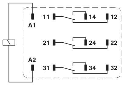 Schéma de câblage d'un relais avec bornes de bobine A1, A2 et contacts de commutation de 11 à 34, reliant différents points de commutation.