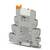 Un adaptateur de bornier étroit, gris-orangé, doté de plusieurs connexions latérales enfichables.