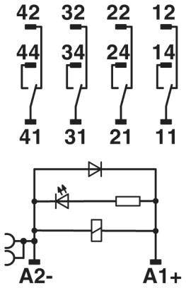 'Schéma électrique avec quatre relais de commutation, numérotés de 11 à 44, et détails de circuit comprenant des diodes, des résistances et des LED.'