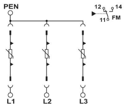 Schéma de câblage montrant trois phases L1, L2, L3, connectées au conducteur PEN, avec un interrupteur et un fusible représentés comme mesures de protection.