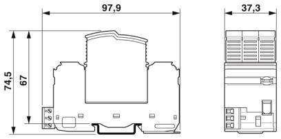 Dessin technique montrant les dimensions d'un composant électrique : largeur 97,9 mm, hauteur 74,5 mm, profondeur 37,3 mm.