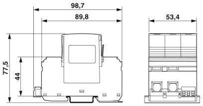 Dessin technique d'un appareil électrique avec dimensions détaillées : largeur 98,7 mm, profondeur 53,4 mm, hauteur 77,5 mm.