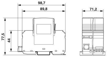 Dessin technique d'un appareil électrique avec dimensions : largeur 98,7 mm, profondeur 71,2 mm, hauteur 77,5 mm.