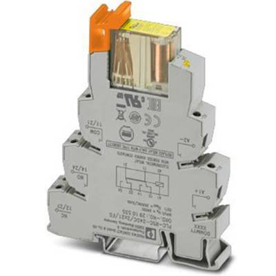 Un support de socle avec un module de relais intégré, étiqueté avec des spécifications techniques. Un levier en plastique orange est visible en haut.