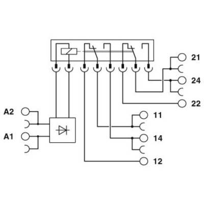 Schéma de câblage : Représentation d'un module relais avec bornes de bobine (A1, A2) et contacts (11, 12, 14, 21, 22, 24). Points de connexion clairement marqués.