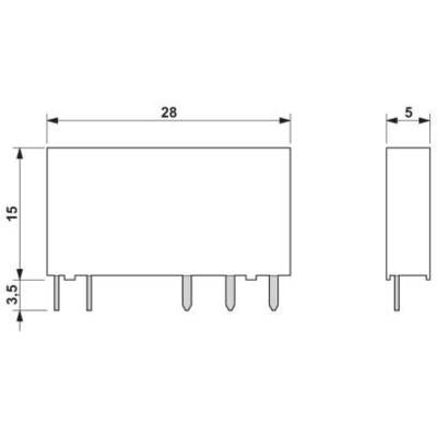 Dessin technique d'un composant électronique rectangulaire avec dimensions : largeur 28 mm, hauteur 15 mm, profondeur 5 mm. Longueur des broches 3,5 mm.
