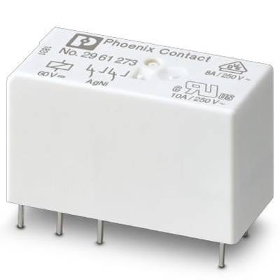 Un relais Phoenix Contact blanc, numéro 2961273, adapté pour 60 V en courant continu ou 250 V en courant alternatif.