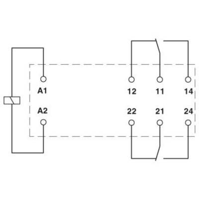 Symbole de commutation d'un relais avec bobine à gauche (A1, A2) et contacts à droite. Les contacts 11-12, 21-22 sont fermés, 11-14, 21-24 sont ouverts.
